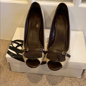 Brown and tan fabric heels